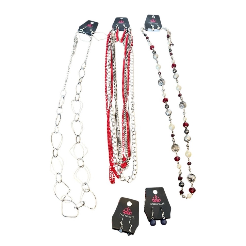 Paparazzi Earrings & Necklace Lot of 8 NWT.‎ Silver Red Gray